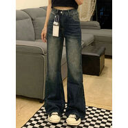 零加姑娘復古微喇牛仔褲女秋冬新款胖妹妹mm梨形身材高腰寬松顯瘦 藍灰色 2XL