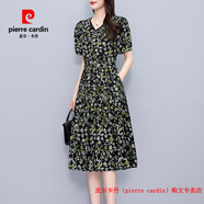 皮爾卡丹（pierre cardin）小個(gè)子雪紡碎花連衣裙2025年新款女v領(lǐng)收腰氣質(zhì)顯瘦a字裙子女夏裝 黑色 L 建議95-111斤