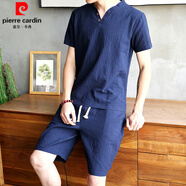 皮爾卡丹（pierre cardin）品牌夏季亞麻套裝男休閑棉麻短袖t恤男裝古風(fēng)衣服唐裝寬松漢服男t a24藏青色一套 2XL 130斤左右