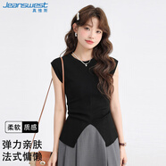 真維斯（JEANSWEST）針織衫女夏季v領(lǐng)無(wú)袖純色褶皺收腰顯瘦開(kāi)叉上衣女黑色均碼
