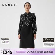 朗姿/LANCY春冬新款高腰飄帶拼接連衣裙羊毛真絲黑裙子女修身 夜幕黑色 S