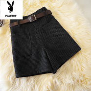 花花公子（PLAYBOY）千鳥(niǎo)格毛呢短褲女秋冬新款高腰復古顯瘦靴褲大碼呢子口袋闊腿褲子 K2號毛呢短褲 灰黑色 S