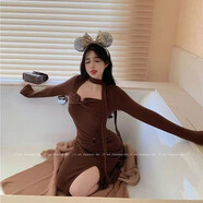 冉藝嵐同款特大碼200斤冬季連衣裙長裙女秋冬內(nèi)搭打底包臀胖mm收腰遮肉 單件棕色長裙 M 80-100斤