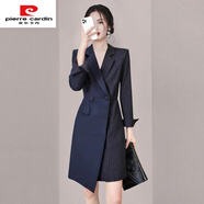 皮爾卡丹感職業(yè)條紋連衣裙2025早秋新款上班族穿搭OL通勤撞色西服裙子 深藍色 M