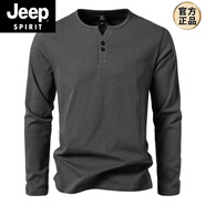 JEEP SPIRIT300克重磅純棉大碼修身亨利領(lǐng)長袖體恤衫男春秋款純色運動健身T恤 深灰色 M