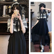 OIMG日系洛麗塔連衣裙女量產(chǎn)型斗篷蕾絲連衣裙修身網(wǎng)紗長(cháng)裙紗裙 黑色 M