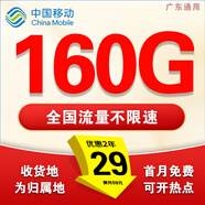 中國移動(dòng)流量卡電話(huà)卡超低月租手機卡純流量上網(wǎng)卡全國通用無(wú)限流量大王卡移動(dòng)流量卡 廣東本地卡丨29元160G全國+本地歸屬+省外勿拍