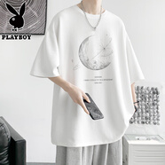 花花公子300G重磅純棉短袖T恤男夏季寬松情侶半袖落肩體恤大碼打底衫潮流 白色 S 【建議90-105斤】