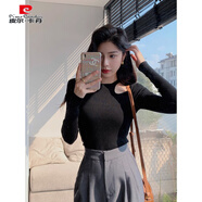 皮爾卡丹（pierre cardin）冷淡系感低領(lǐng)毛衣打底衫女春秋冬內搭性感鏤空露肩針織衫上衣 黑色 M 【建議95-105斤】