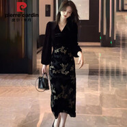 皮爾卡丹2025秋季氣質(zhì)名媛風(fēng)v領(lǐng)長(cháng)袖拼接連衣裙女重工時(shí)尚收腰長(cháng)裙禮服裙 WH3018#黑色連衣裙 2XL 【建議 125-140斤】