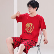 南極人睡衣男士夏季短袖純棉寬松大碼薄款夏天可外穿男青少年家 深灰色短袖套裝-Q2050紅色 XL 男5碼建議210-23g
