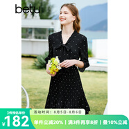 百圖betu女裝春夏新款連衣裙七分喇叭袖飄帶壓褶連衣裙女2302T70 黑色 XS