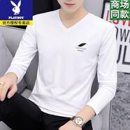 花花公子（PLAYBOY）春秋季新款男士純棉長(cháng)袖t恤v領(lǐng)簡(jiǎn)約修身體恤衫青年打底內搭上衣潮 白色【收藏加購優(yōu)先發(fā)貨】 XL 125-135