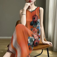 伊森尼尼背心連衣裙女夏季新款無(wú)袖條紋長(cháng)裙寬松顯瘦遮肚氣質(zhì)吊帶中長(cháng)裙子 桔玫瑰 2XL 建議120-130斤