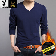 花花公子（PLAYBOY）春秋冬V領(lǐng)長(cháng)袖t恤男士純棉體恤打底衫純色雞心領(lǐng)衛衣男丅 藏青加絨款 加絨加 1628純棉 厚 L -170 建議120-140斤