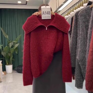 小紅書(shū)慵懶翻領(lǐng)寬松毛衣針織衫女2025冬季新款大碼胖mm歐貨長(cháng)袖上 紅色 L