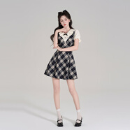 Palglg氣質(zhì)學(xué)院風(fēng)假兩件格子連衣裙女夏季高級(jí)感收腰法式泡泡袖顯瘦裙子 黑白色 連衣裙 S