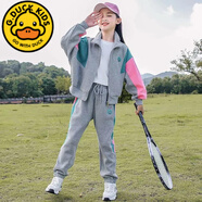 G.DUCKKIDS女童套裝春裝韓版12洋氣大童女裝運(yùn)動(dòng)15歲時(shí)髦衛(wèi)衣女孩春秋兩件套 繡花笑臉拼色套裝灰色 130 建議身高120cm4-15歲