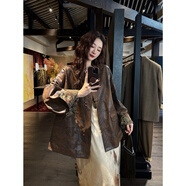 三吉黑花【摘星】繩繡細閃復古印花皮外套 胡桃棕 L