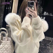 法舒琳氛圍感慵懶風(fēng)大毛領(lǐng)連帽外穿毛衣外套女秋冬季新款拉鏈針織衫上衣 白色 M 【建議90-100斤】