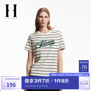 SEASON HIGH秋季常規圓領(lǐng)肌理感字母貼布裝飾T恤女裝S25301001 棕白條 L