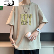 浪古 LAWKUL日系男款夏季潮牌圓領休閑簡約寬松五分袖打底衫短袖t恤 抹茶綠 S