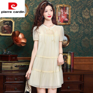 皮爾卡丹（pierre cardin）新中式別致復古盤扣連衣裙女2025新款國風天絲泡泡袖顯瘦溫柔裙子 杏色 S (80-95斤)