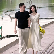 熒蒂（YINGDI）純色連衣裙女2025夏季收腰顯瘦設(shè)計(jì)感法式感赫本風(fēng)長(zhǎng)裙 米色 M