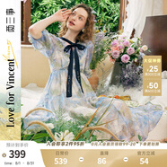 兩三事梵高法式油畫仙女裙海邊度假連衣裙夏季短袖裙子女沉醉入夢 藍(lán)色 L