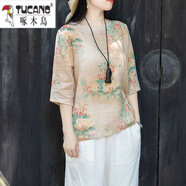 啄木鳥(niǎo)夏季圓領(lǐng)棉麻上衣新款印花復古寬松通勤文藝五分袖顯瘦民族風(fēng) 花末眠 xL 建議115-130斤