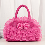 clolv kiss2025新款布藝媽媽復古蕾絲包鏤空花邊布包淑女百搭小拉鏈袋手提包 玫紅色