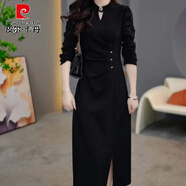 皮爾卡丹（pierre cardin）感紅色連衣裙女士春秋冬大碼收腰顯瘦歐貨配大衣氣質(zhì)禮服裙子 黑色 2XL 【126-135斤】