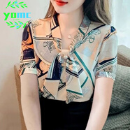 YOMC七分袖印花雪紡襯衫女裝春秋季2024年新款設(shè)計感氣質(zhì)襯衣長袖上衣 條狀花短 XL _95-110斤