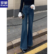 羅蒙（ROMON）微喇牛仔褲女秋復古藍喇叭褲梨形顯瘦神褲高腰直筒寬松不貼腿的 復古藍-長(cháng)/褲【高品質(zhì)】 S 建議85-100斤