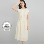 金菊特價(jià)100%桑蠶絲歐若鏤空連衣裙女2025夏季新款褶皺圓領(lǐng)連袖真絲裙
