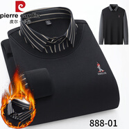 皮爾卡丹冬季假兩件針織長(cháng)袖襯衫男中年休閑寬松加絨加厚保暖衣爸爸裝 01暗綠條 L