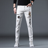 小魔怪歐貨白色牛仔褲男士春夏季2025新款燙鉆直筒修身小腳休閑褲子春秋 白色5208 28
