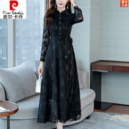 皮爾卡丹（pierre cardin）2025春秋新款修身顯瘦長(zhǎng)袖提花雪紡連衣裙女時(shí)尚氣質(zhì)大擺超仙長(zhǎng)裙 黑色 M