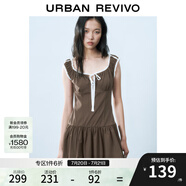 UR2025春季新款女裝撞色蕾絲飄帶U領(lǐng)無(wú)袖修身連衣裙UYY750014 深棕色 XL