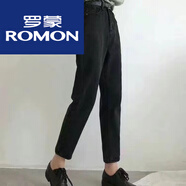 羅蒙（ROMON）女裝 牛仔褲女2022年秋冬季新款時(shí)尚加絨加厚淺藍色高腰闊腿褲子 黑色015不加絨 M 96-107斤