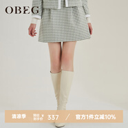OBEG歐碧倩秋冬花苞式半身裙女千鳥格羊毛呢A字裙子10404108 灰綠格 170/L/40