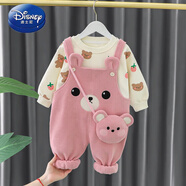 迪士尼（Disney）背帶褲女童春裝2025新款加絨潮童裝洋氣兒童衣服一歲寶寶春秋套裝 粉色 80 cm