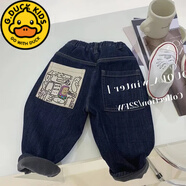 G.DUCKKIDS兒童牛仔褲加絨加厚柔軟2024新款韓國男童女童寶寶一體絨休閑褲潮 后口袋卡通圖案款 加絨款 100 建議身高90-100cm3-4歲