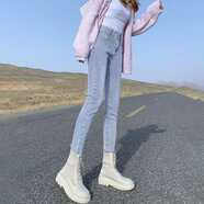 隱形都市彈力小腳褲新款高腰牛仔褲女修身顯瘦鉛筆褲潮流百搭九分褲小香風(fēng) 淺藍(lán)色九分褲 25 建議70-80斤