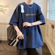 雅鹿港風(fēng)字母短袖男夏季美式高街歐美潮牌T恤設計感小眾潮流痞帥上衣 藏青色 S