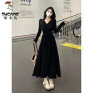 啄木鳥法式v領大碼女裝2025秋季新款胖m妹感顯瘦氣質(zhì)長袖黑色裙女 修身黑色 【赫本風端莊大氣修身 3XL 【歐美減齡別致垂墜感黑色長