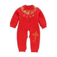 標點熊新生兒連體衣服嬰兒夾棉哈衣大紅色中國風寶寶唐裝加厚保暖春秋冬 如意【保暖哈衣開襠款】 80碼 建議身高73-80cm