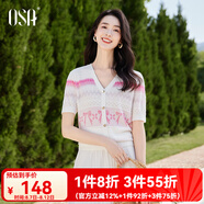 歐莎（OSA）V領(lǐng)幾何提花短袖針織衫女夏季新款溫柔氣質(zhì)冰絲輕薄T恤短款上衣 粉色 M
