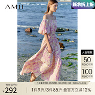 AMII七夕禮物2025夏新款度假風(fēng)一字領(lǐng)露肩袖束腰大A裙擺碎花連衣裙123 薔薇 165/88A/L