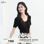伊芙麗（eifini）伊芙麗圓領領口珍珠精致重工薄款針織短袖上衣2025夏季新款T恤 黑色 預售 XL 130-140斤